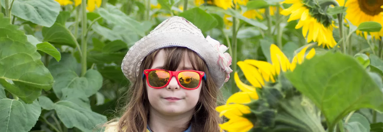 A girl in red sunglasses standing in a field of sunflowers.