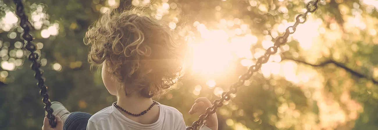 A boy on a swing in the sunshine.